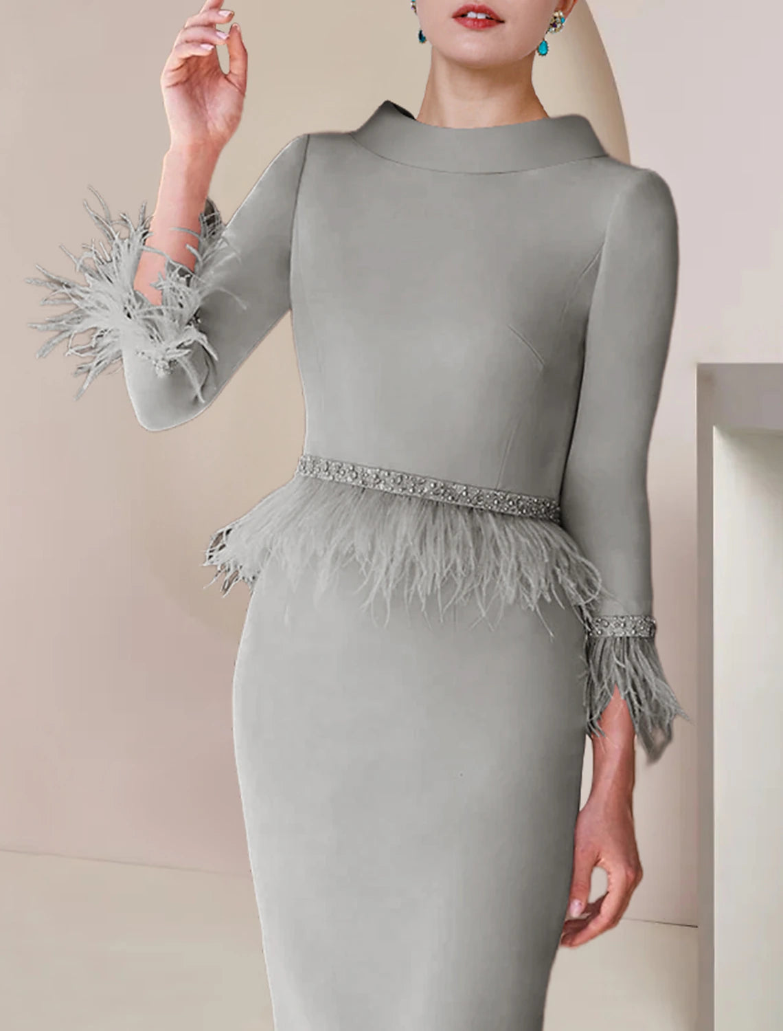 Wholesale  Sheath / Column Mother of the Bride Dress Formal Wedding Guest Party Elegant Scoop Neck Tea Length Satin 3/4 Length Sleeve with Feather Beading